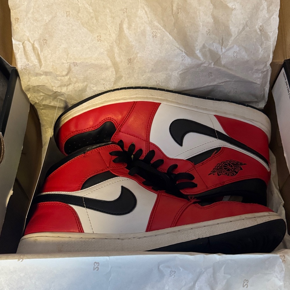 Nike Air Jordan 1 mid chicago black toe! Nike Red and White Sneakers with Black